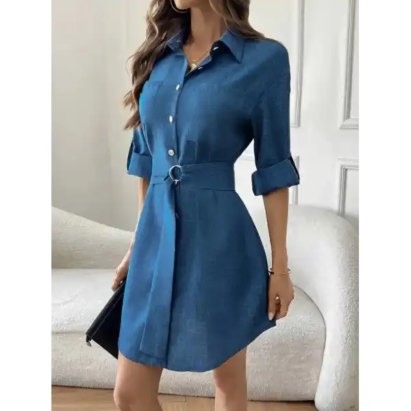 Kadın Uzun Kollu Yakalı önden Düğmeli Beli Kuşaklı Mini Ithal Keten Elbise