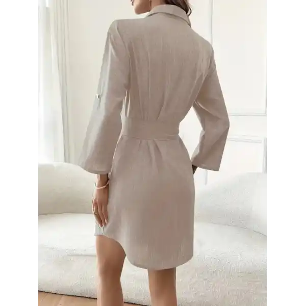 Kadın Uzun Kollu Yakalı önden Düğmeli Beli Kuşaklı Mini Ithal Keten Elbise