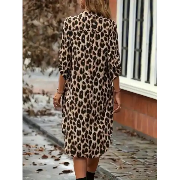Kadın Uzun Kollu Yakalı önden Düğmeli Leopar Desenli Modal Midi Elbise