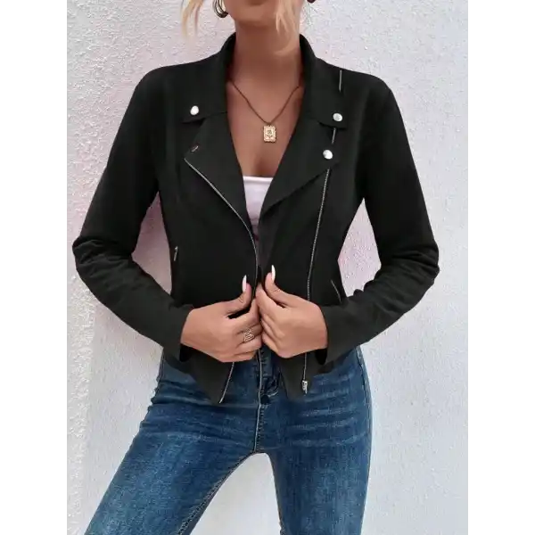 Kadın Uzun Kollu Yakalı önden Fermuarlı Kısa Süet Ceket