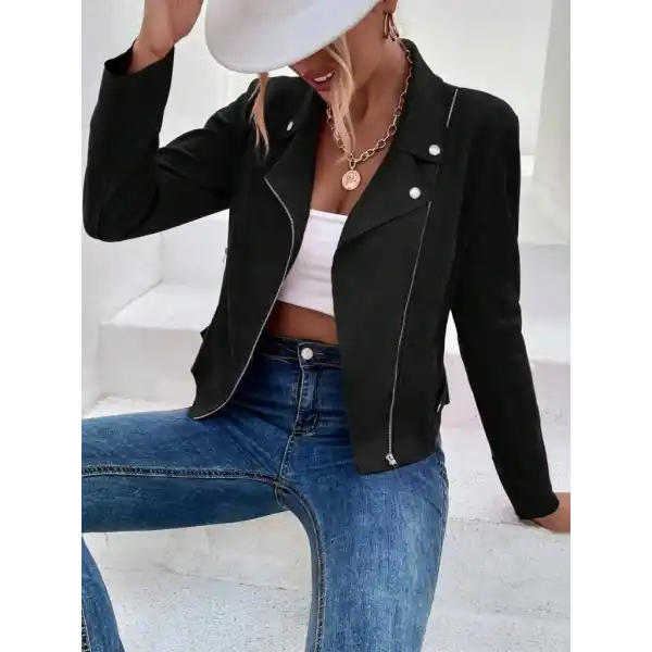 Kadın Uzun Kollu Yakalı önden Fermuarlı Kısa Süet Ceket