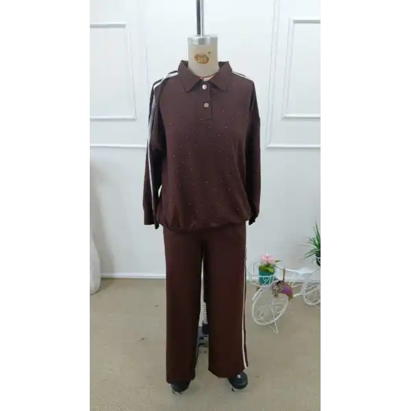 Kadın Uzun Kollu Yakalı şerit Detaylı Viskon Iki Iplik Bluz Ve Pantolon Ikili Takım