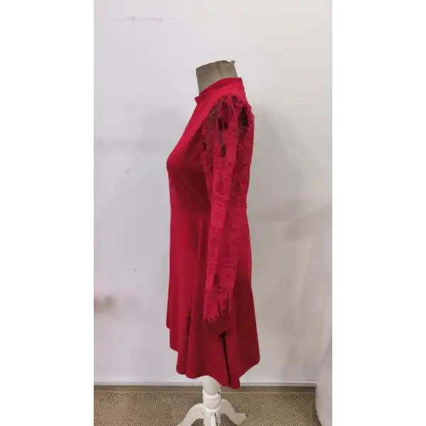 Kadın Uzun Kollu Yuvarlak Damla Detaylı Kolları Tül Detaylı Kısa Ithal Krep Elbise