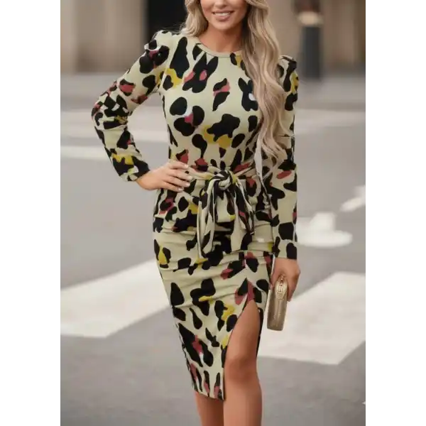 Kadın Uzun Kollu Yuvarlak Yaka Belden Kuşaklı önden Yırtmaçlı örme Krep Elbise