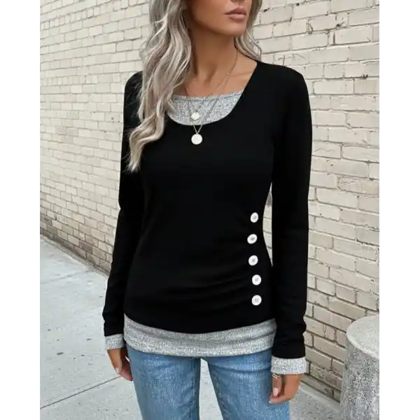 Kadın Uzun Kollu Yuvarlak Yaka Blok Renkli Yandan Düğmeli Viskon Bluz