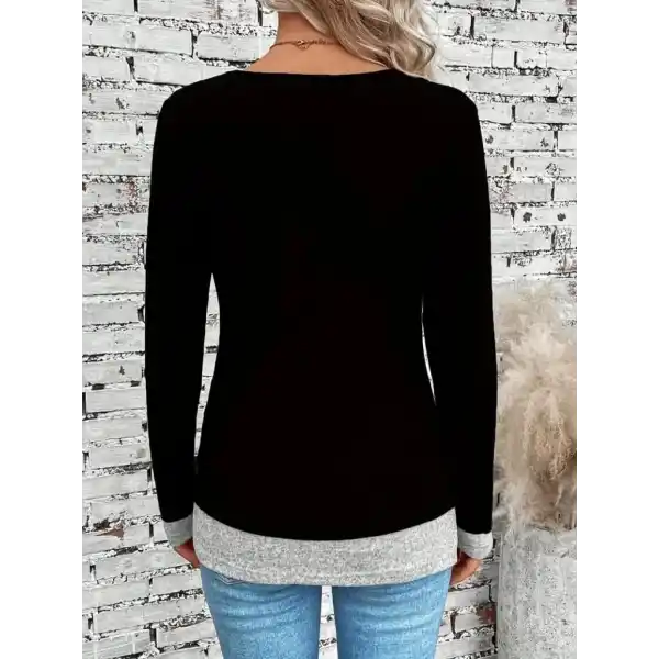 Kadın Uzun Kollu Yuvarlak Yaka Blok Renkli Yandan Düğmeli Viskon Bluz