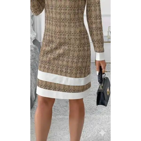 Kadın Uzun Kollu Yuvarlak Yaka Etek Ucu şerit Detaylı Mini Dokuma Elbise