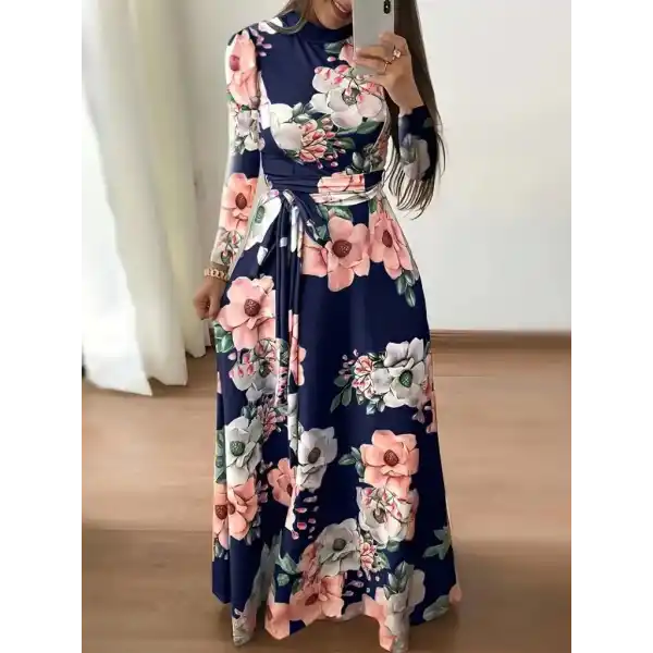 Kadın Uzun Kollu Yuvarlak Yakalı Beli Kuşaklı Desenli Süprem Uzun Elbise