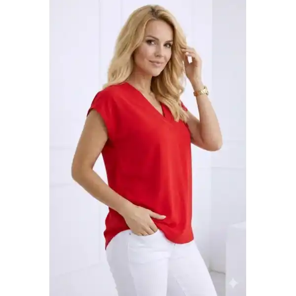 Kadın V Yaka Kısa Kol Dokuma Viskon Kumaş Bluz