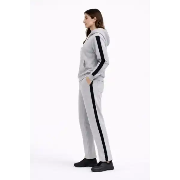 KADIN Yandan Şeritli Eşofman Takım Kapüşonlu Sweatshirt Boru Paça Alt, Oversize 3 Iplik Pamuklu - Gri