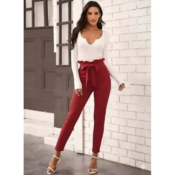 Kadın Yüksek Bel Beli Fırfırlı önden Bağlamalı Ithal Krep Pantolon