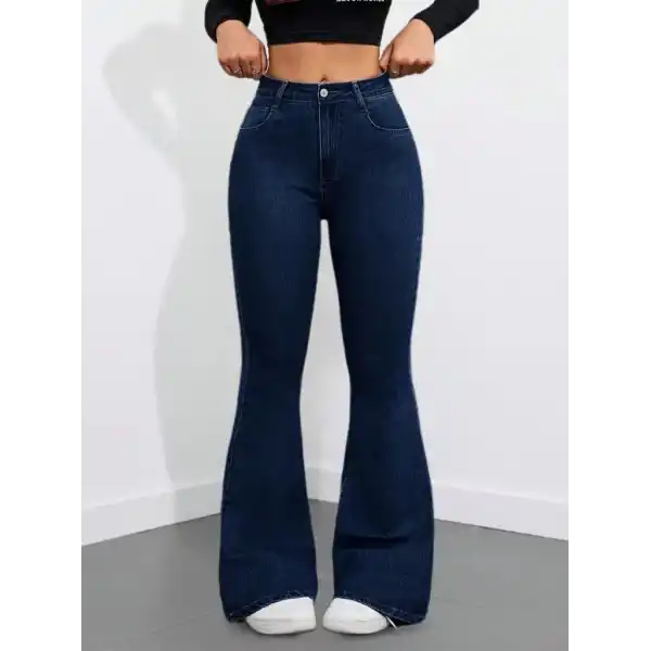 Kadın Yüksek Bel Cepli İspanyol Paçalı Kot Pantolon