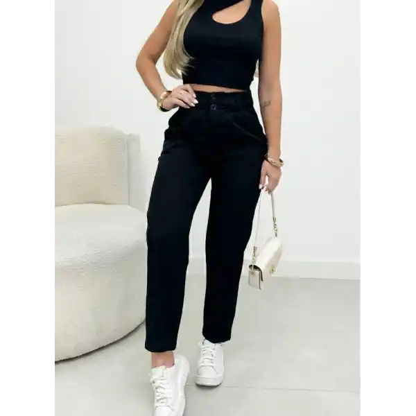 Kadın Yüksek Bel Cepli Paça Ağzı Pile Detaylı Ithal Krep Pantolon