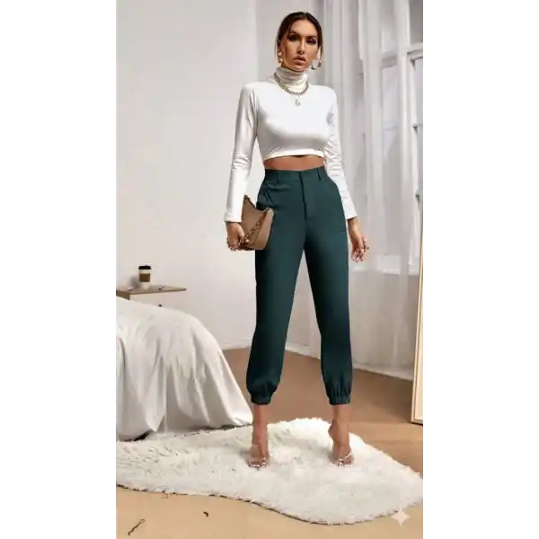 Kadın Yüksek Bel Cepli Paçası Lastikli Ithal Krep Pantolon