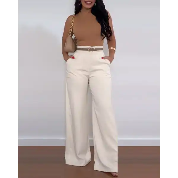 Kadın Yüksek Bel Geniş Paça Detaylı Cepli Ithal Krep Pantolon