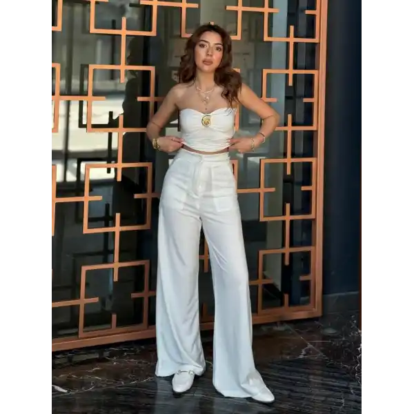 Kadın Yüksek Bel Geniş Paça Detaylı Cepli Ithal Krep Pantolon