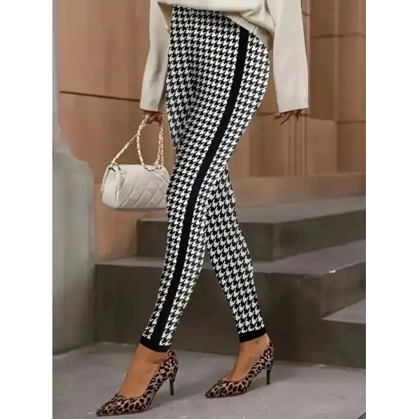Kadın Yüksek Bel Kaz Ayağı Desenli Yanları şeritli Dalgıç Pantolon