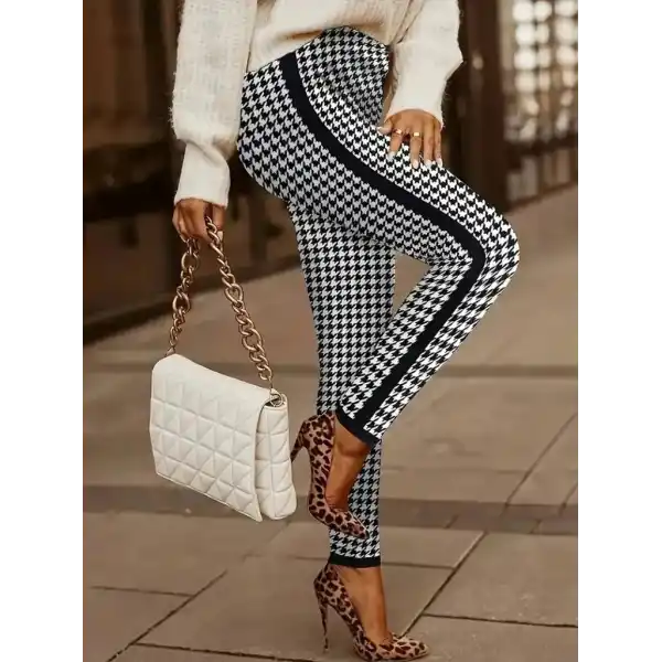 Kadın Yüksek Bel Kaz Ayağı Desenli Yanları şeritli Dalgıç Pantolon