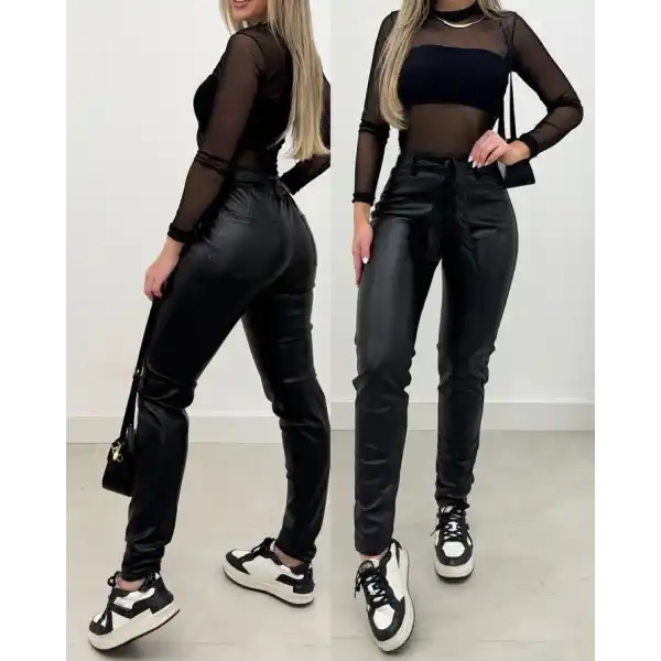 Kadın Yüksek Bel Kuşaklı Deri Pantolon