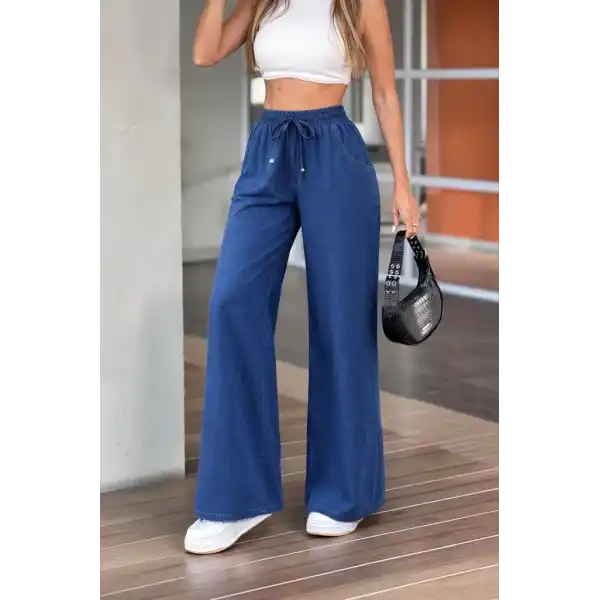 Kadın Yüksek Bel Lastikli Bağcıklı Kot Pantolon