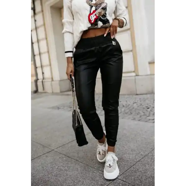 Kadın Yüksek Bel Lastikli Cepli Deri Pantolon