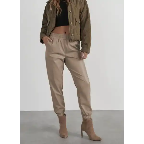 Kadın Yüksek Bel Lastikli önü Düğmeli Deri Pantolon