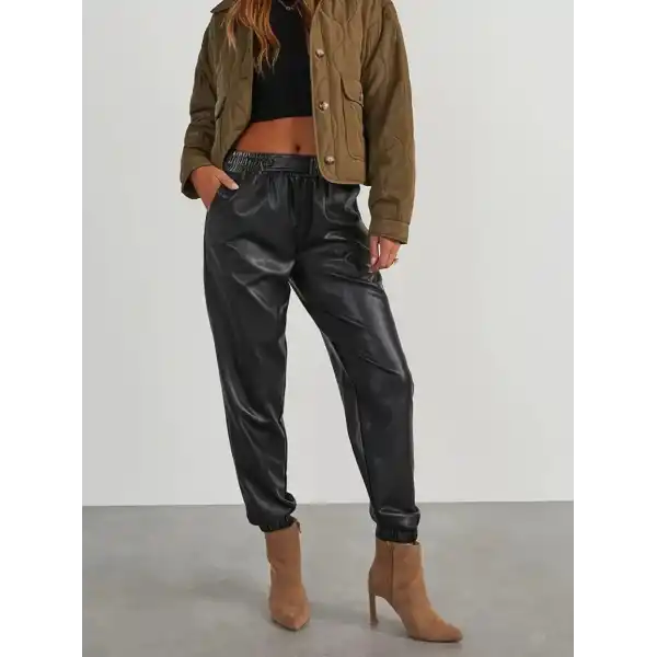 Kadın Yüksek Bel Lastikli önü Düğmeli Deri Pantolon