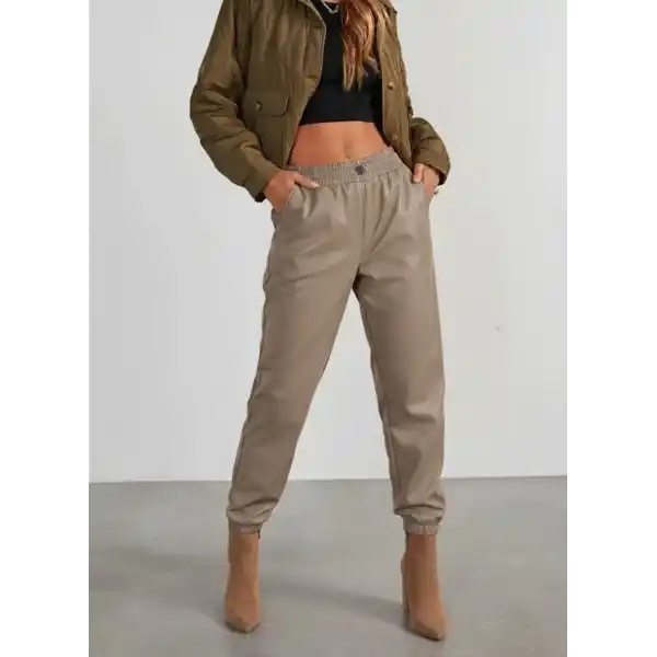 Kadın Yüksek Bel Lastikli önü Düğmeli Deri Pantolon