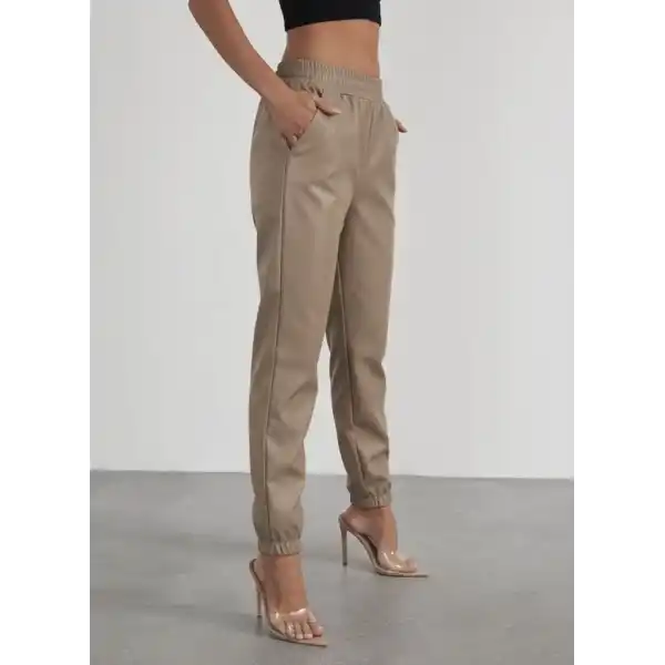 Kadın Yüksek Bel Lastikli önü Düğmeli Deri Pantolon