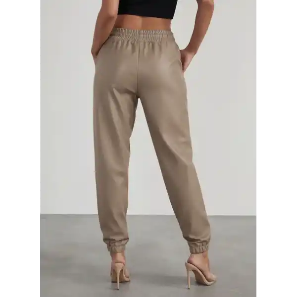 Kadın Yüksek Bel Lastikli önü Düğmeli Deri Pantolon