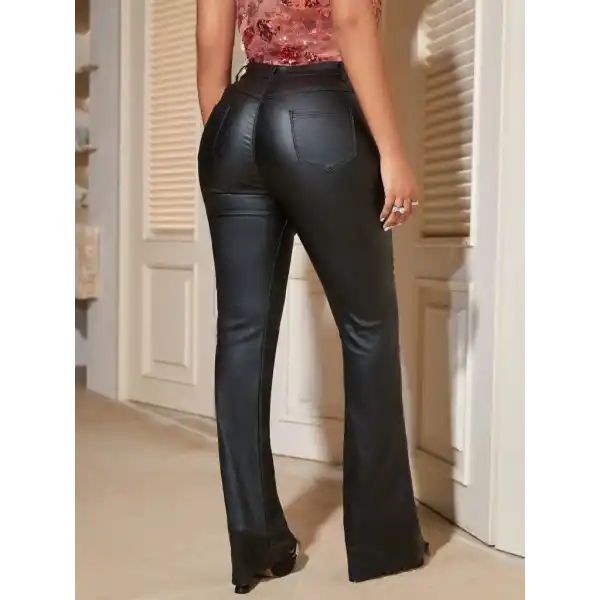 Kadın Yüksek Bel önden Düğmeli Deri Pantolon