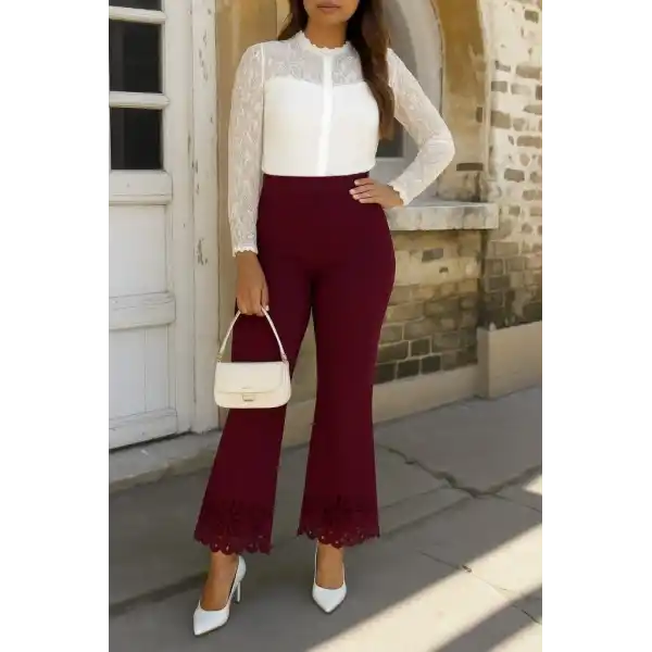 Kadın Yüksek Bel Paçaya Doğru Genişleyen Lazer çiçek Kesim Detaylı Ithal Krep Pantolon