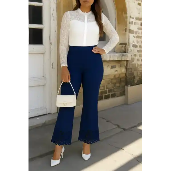 Kadın Yüksek Bel Paçaya Doğru Genişleyen Lazer çiçek Kesim Detaylı Ithal Krep Pantolon