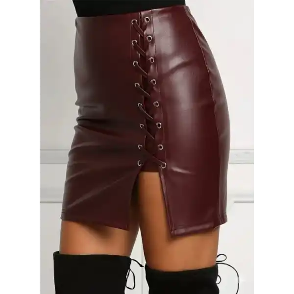 Kadın Yüksek Bel Yandan çapraz Bağcıklı Yırtmaçlı Mini Deri Etek