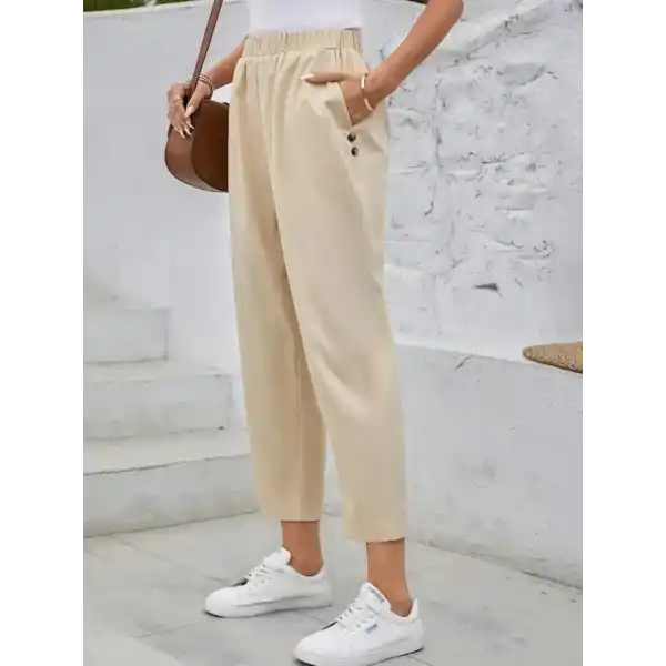 Kadın Yüksek Bel Yandan Cepli Düğme Detaylı Geniş Kesim Ithal Krep Pantolon
