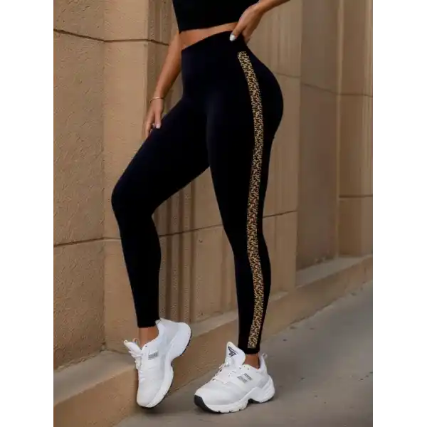 Kadın Yüksek Bel Yandan Leopar Desen Detaylı Dalgıç Tayt