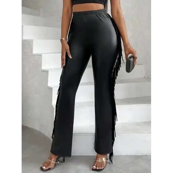 Kadın Yüksek Bel Yanlardan Püsküllü Deri Pantolon