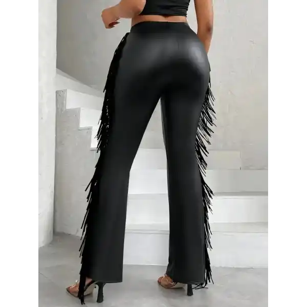 Kadın Yüksek Bel Yanlardan Püsküllü Deri Pantolon
