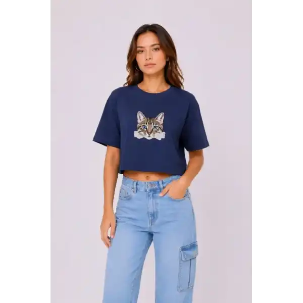 Kedi Baskılı Oversize Crop Tişört Salaş Basic Yarım Kol T-shirt - Lacivert