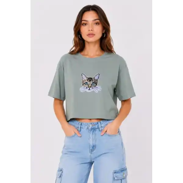 Kedi Baskılı Oversize Crop Tişört Salaş Basic Yarım Kol T-shirt - Mint Yeşili