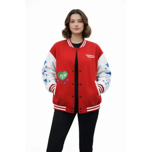 Kırmızı Varsity Çıtçıtlı Baskılı Oversize Kalıp Kolej Ceket - Kırmızı