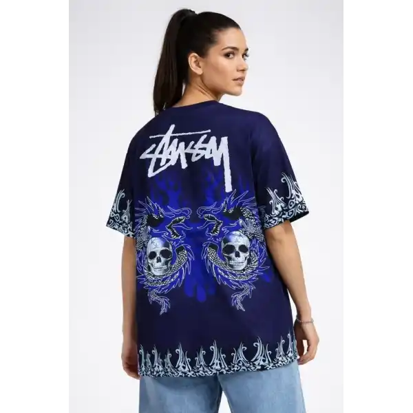 Lacivert Oversize Tişört Dragon - Kuru Kafa Baskılı Bisiklet Yaka T-Shirt - Lacivert