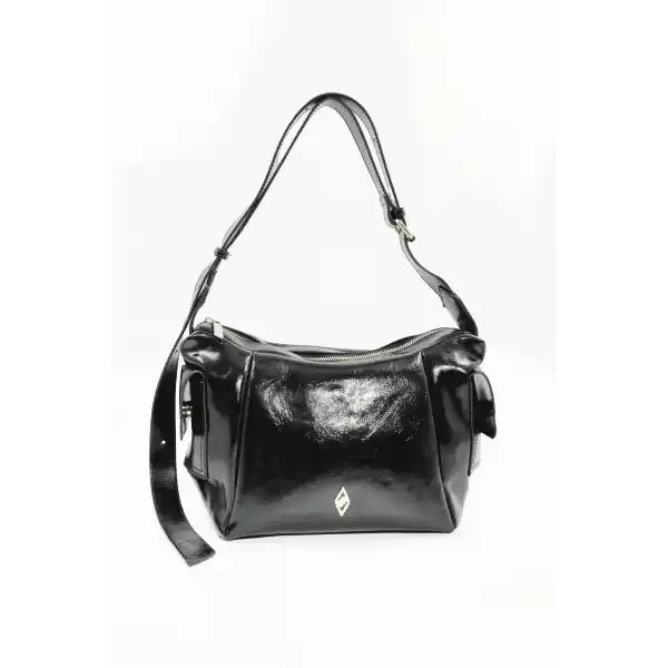 Martina Siyah Kırışık Mat Rugan Kadın Omuz Ve Çapraz Çantası