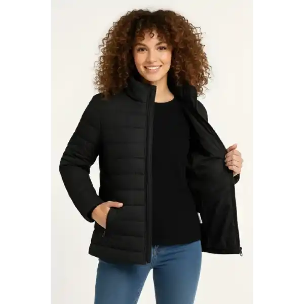 Mikro Su İtici Kapitone Baskılı Astarlı Fermuarlı Bomber Mont - Siyah