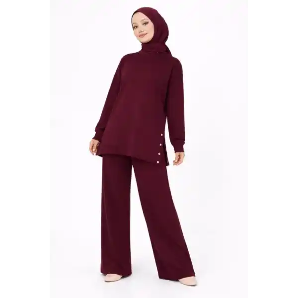 Osy Modal Yumuşak Dokulu Kumaş Modern Tesettür Takım Yandan Metal Çıtçıtlı Uzun Tunik Pantolon Set Salaş Kalıp - Bordo