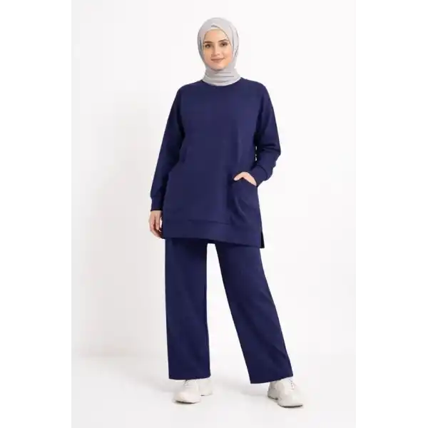Osy Modal Yumuşak Dokulu Kumaş Tesettür Cepli Tunik Pantolon Takım - Lacivert