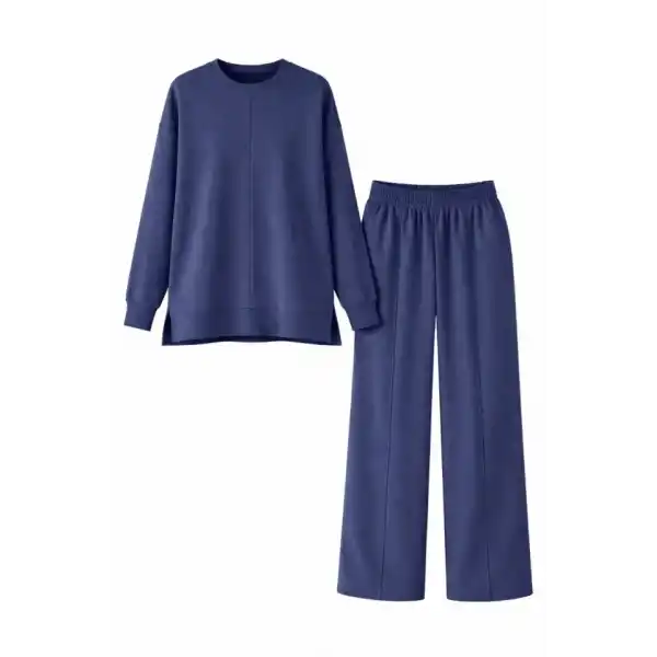 Osy Modal Yumuşak Dokulu Tesettür İkili Takım Yan Yırtmaçlı Uzun Tunik Ve Düz Paça Pantolon, Salaş Kalıp - Lacivert