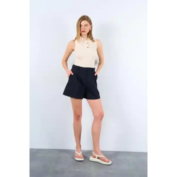 Patlı Düğmeli Triko Atlet - Siyah