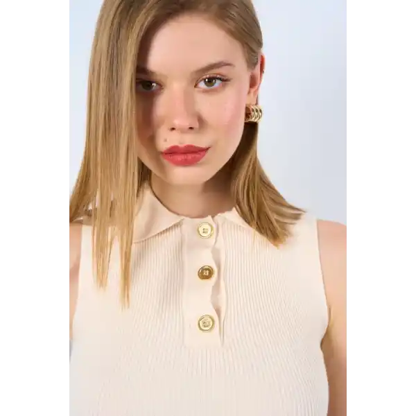 Patlı Düğmeli Triko Atlet - Siyah