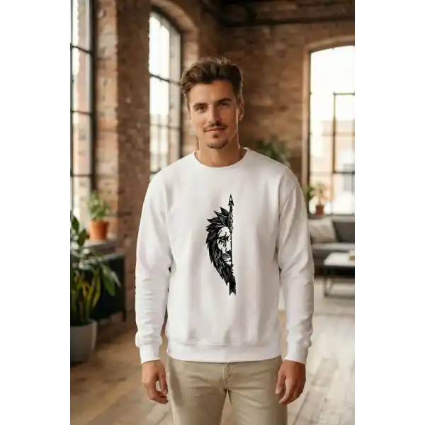 Sevgililer Günü Özel Bisiklet Yaka Aslan Baskılı Oversize Sweatshirt - Beyaz